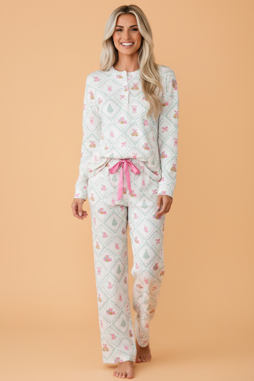 Sugarplum Christmas Patchwork Pajama Set — White