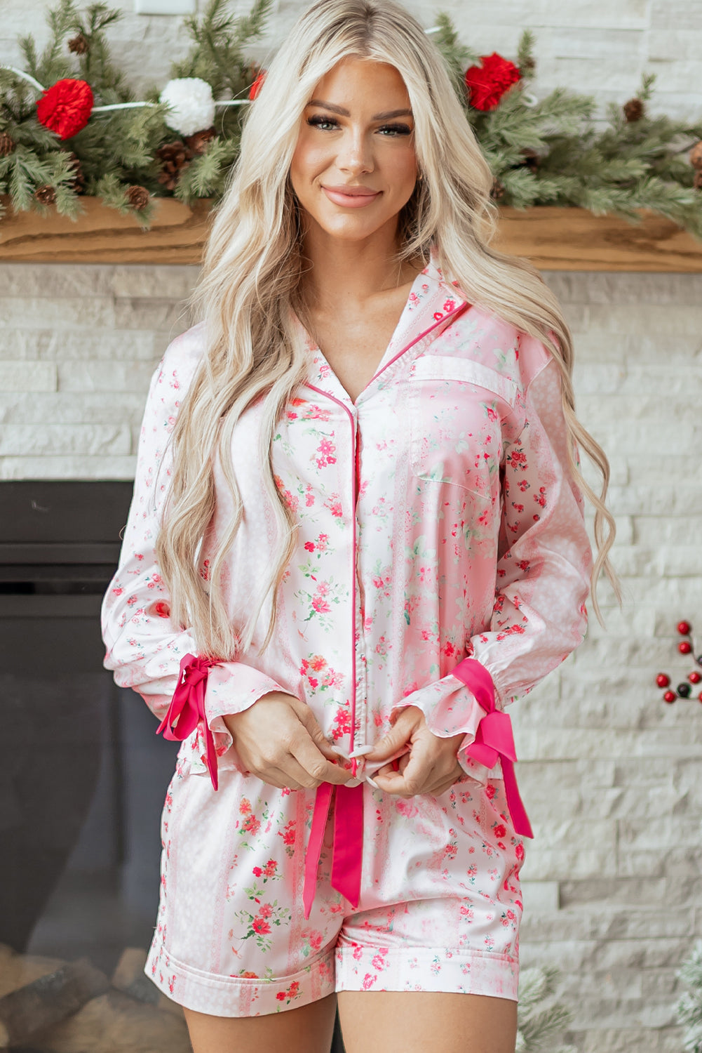 Floral Shirt Satin Tie and Shorts Pajama Set