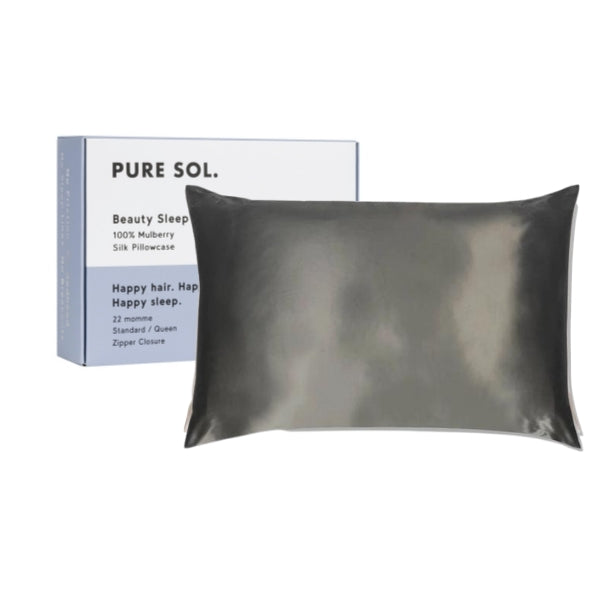 PURE SOL. Beauty Sleep Happy 100% Mulberry Silk Pillow Case - Silver